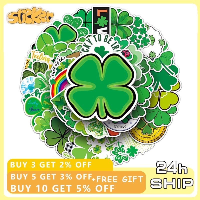 50pcs Four Leaf Clover สติกเกอร์สเก็ตบอร์ดกระเป๋าเดินทางสติกเกอร์โทรศัพท์ Decal สําหรับของเล่นเด็ก