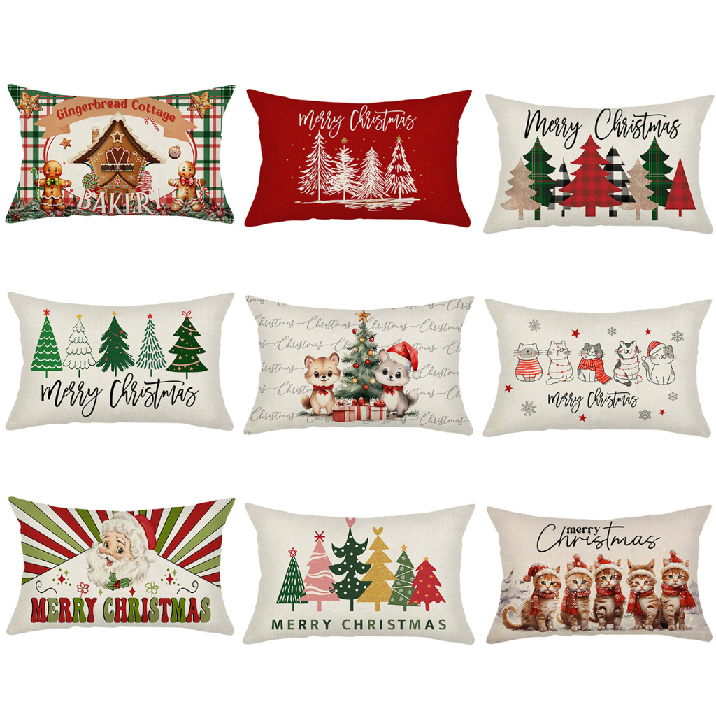 3050.4060.5070 ปลอกหมอนต้นคริสต์มาสสี่เหลี่ยมสีเขียวสีแดงผ้าลินิน.รถสํานักงานเอวเบาะครอบคลุม.Terbaik คริสต์มาสตกแต่ง sleep หมอน.