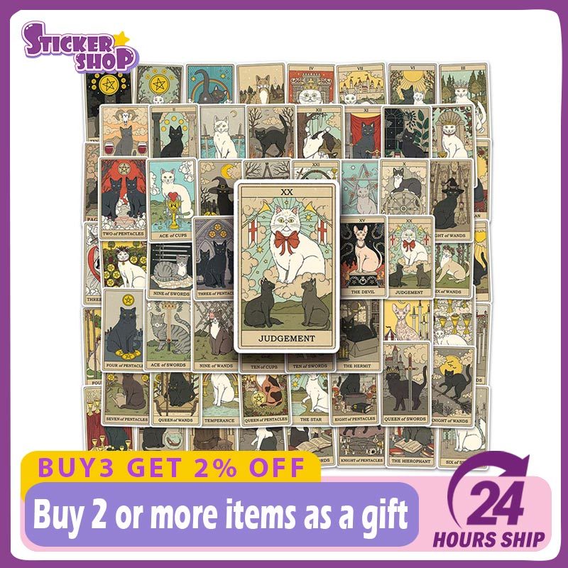 78 ชิ้นไพ่ทาโรต์สติกเกอร์สไตล์ย้อนยุคแมวไพ่ทาโรต์รูปแบบการ์ตูนกราฟฟิตีตกแต่งสติกเกอร์