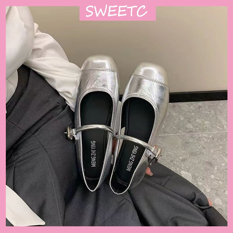 รองเท้าแมรี่เจน รองเท้าส้นแบนหัวกลมแฟชั่นสำหรับผู้หญิง