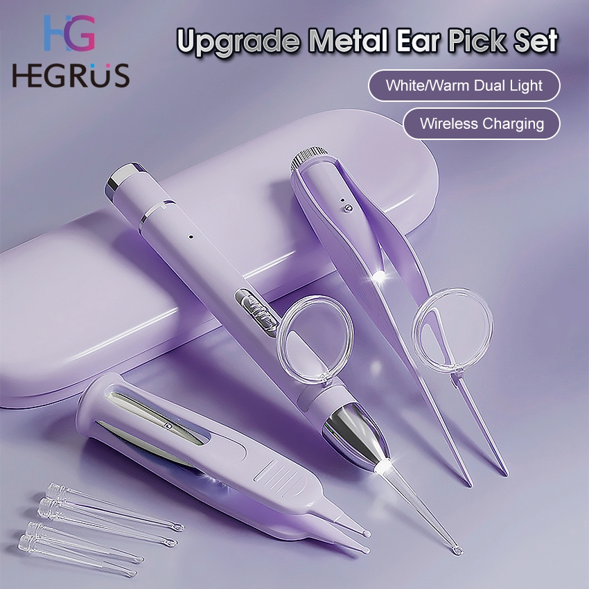 Hegrus Ear Pick Luminous Ear Tweezer ชาร์จ LED ช้อนหู 8x แว่นขยายหูขี้ผึ้งกําจัดทําความสะอาดหูปลอดภัย Ear Pick ชาร์จเครื่องมือทําความสะอาดหู 2 แว่นขยาย 4 หู