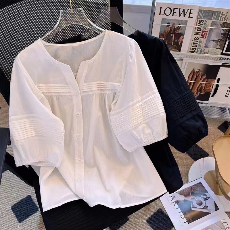 คอกลม 3/4 แขนผ้าฝ้ายเสื้อสบายๆฤดูร้อนธรรมดาหลวม