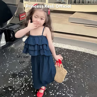 Princess Kesli ชุดเชทเด็กผู้หญิง แขนกุด ผ้ายีนส์ ดเชทเด็ก 2ชิ้น แฟชั่นฤดูร้อน สวมใส่สบาย 1-9ปี