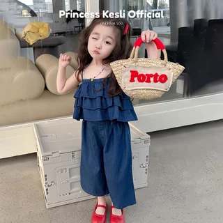 Princess Kesli ชุดเชทเด็กผู้หญิง แขนกุด ผ้ายีนส์ ดเชทเด็ก 2ชิ้น แฟชั่นฤดูร้อน สวมใส่สบาย 1-9ปี