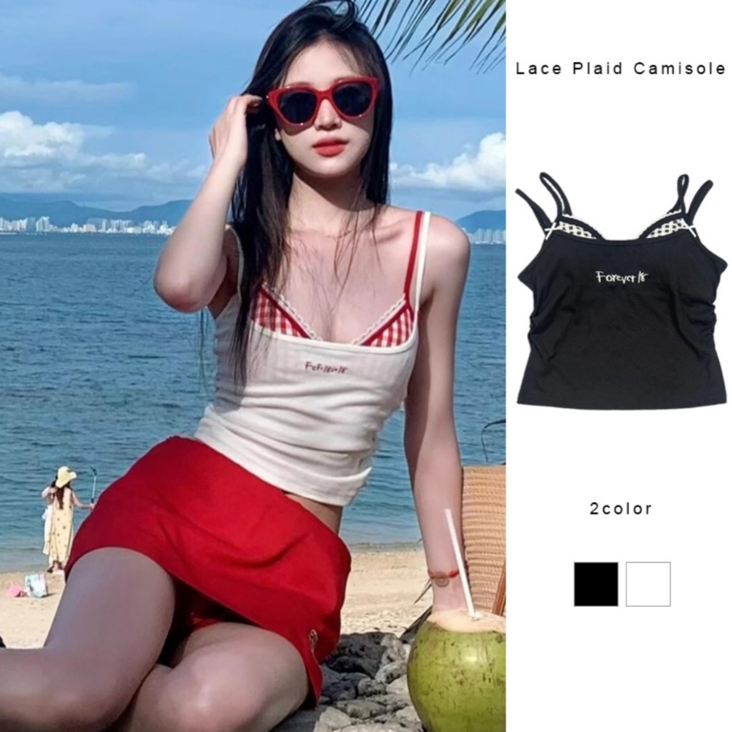 พร้อมส่ง เสื้อสายเดี่ยว/เสื้อยืดset2ชิ้น สไตล์เกาหลี สามารถแยกใส่ได้ ลายสก็อตน่ารักมากๆ HOT