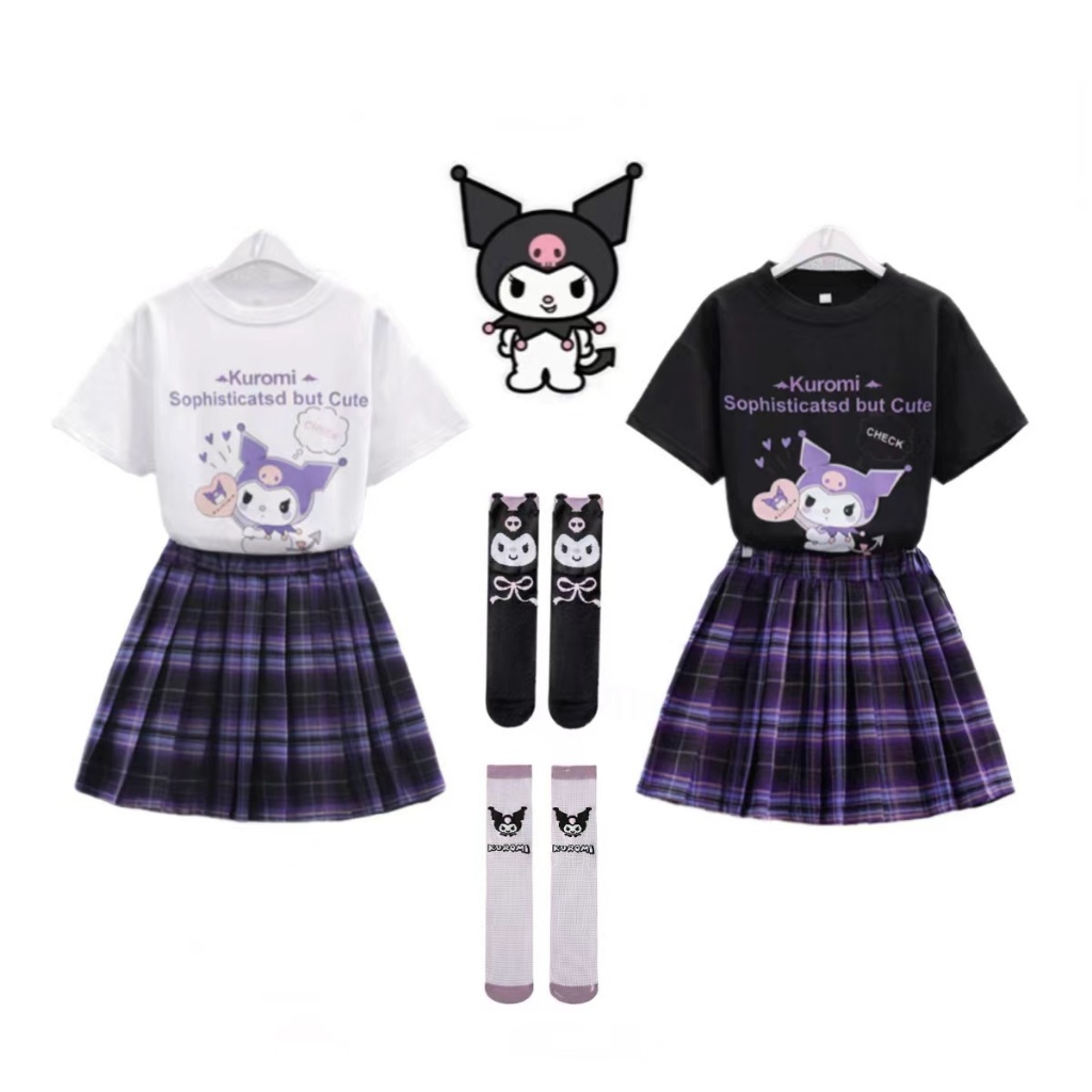 Shiningstars Sanrio Melody Kuromi เสื้อยืด + JK กระโปรงลายสก๊อต 2 ชิ้นนักเรียนฮาโลวีนคอสเพลย์เครื่องแต่งกายเด็ก