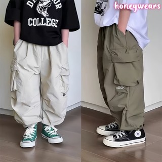 honeywears⚡️พร้อมส่ง⚡️กางเกงขายาวคาร์โก้เด็กผู้ชาย กางเกงลำลอง ทรงหลวม สไตล์เกาหลี แฟชั่น ฤดูร้อน ไซส์ 120-160