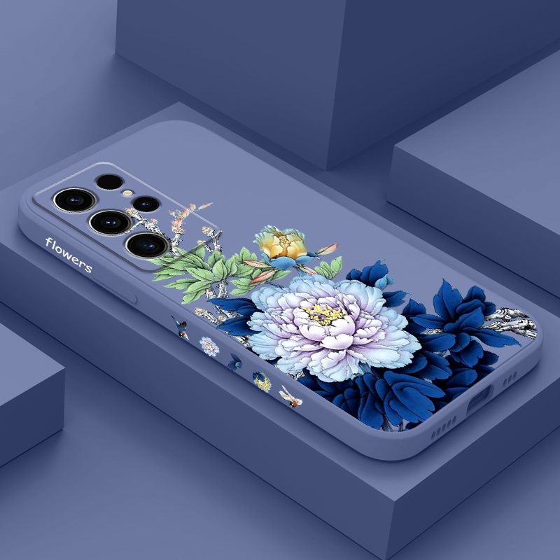 SAMSUNG Blue Blossomเคสโทรศัพท์สําหรับSamsung Galaxy S25 S24 S23 S22 FE Ultra Plus 5Gซิลิโคนเหลวด้านข้างรูปแบบฝาครอบ ราคา ถูกที่สุด ดีลบีเคเค
