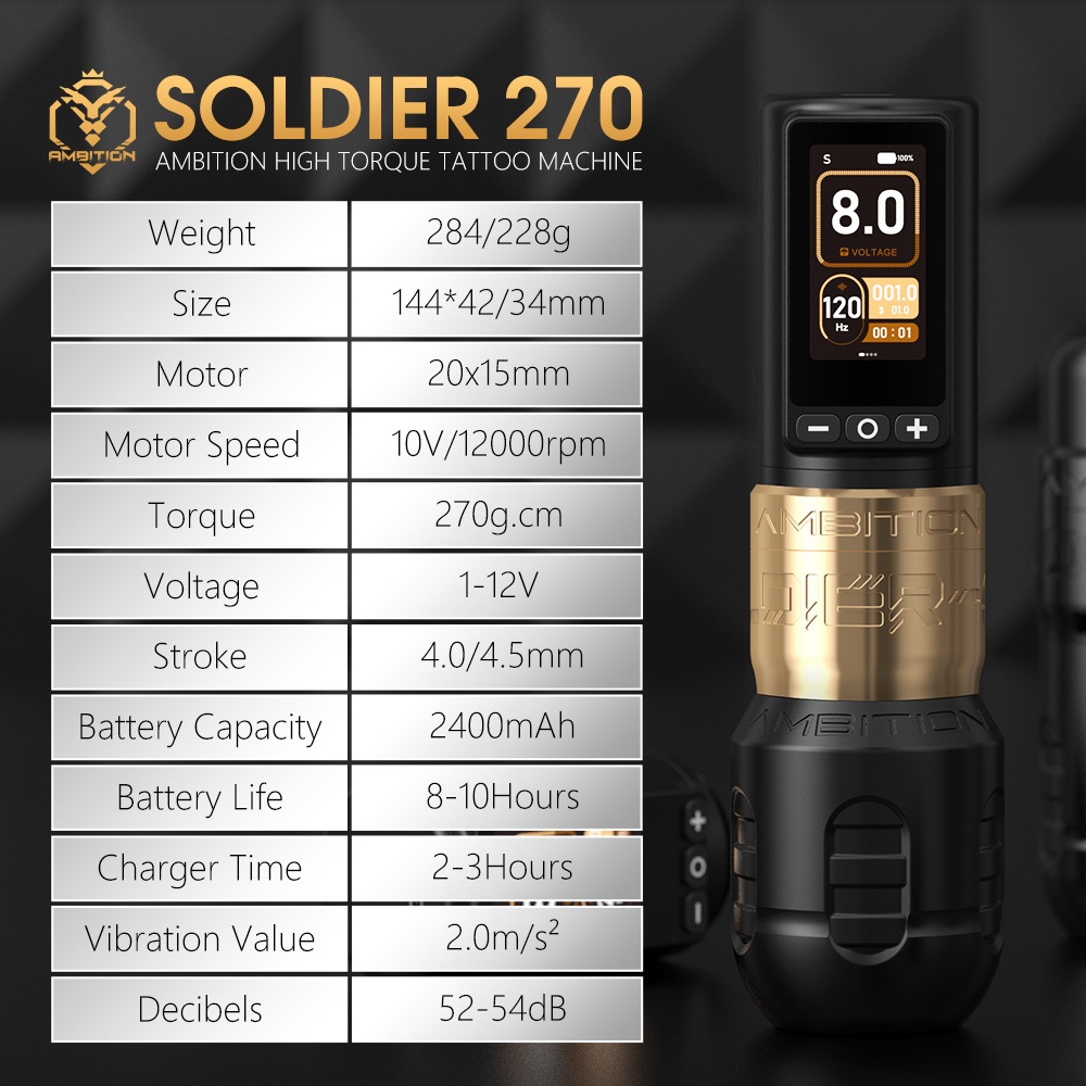 Ambition Soldier 270 ปากกาสักไร้สาย 1V การทำงานแรงดันต่ำ ปากกาสักไร้สายความแม่นยำสูง