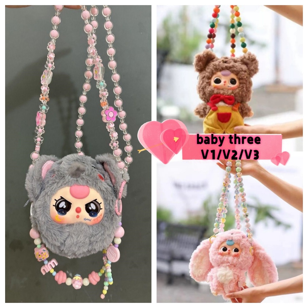 Baby Three/POPMART สะสมงานอดิเรก ต่อต้าน การสูญเสีย โซ่แขวนสายคล้องอุปกรณ์ตกแต่งโทรศัพท์มือถือเชือกแขวนลูกปัดตุ๊กตาแขวนโซ่พวงกุญแจที่มีสีสัน ทําเอง หวานและน่ารัก