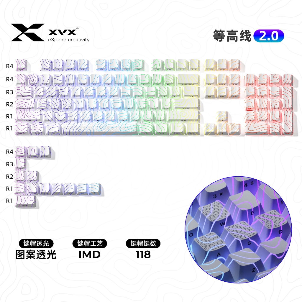 X XVX Etc High Line 2.0 ปุ่มกดโปร่งแสงปุ่มกดด้านข้างแกะสลักปุ่มกด IMD OEM ความสูง 118 คีย์