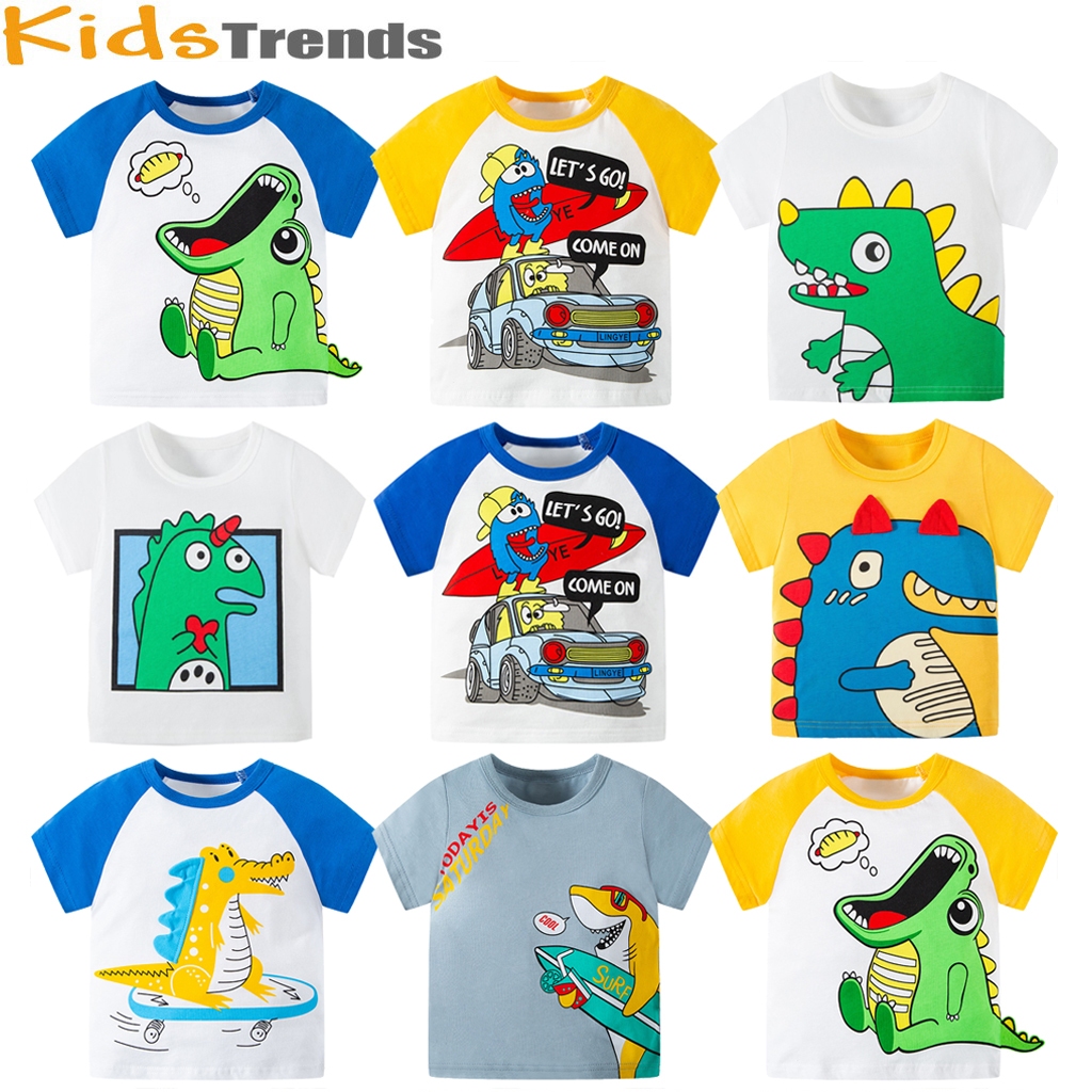 เสื้อยืดเด็กชาย ไดโนเสาร์ การ์ตูน แขนสั้น ผ้าฝ้ายเย็บตะเข็บ