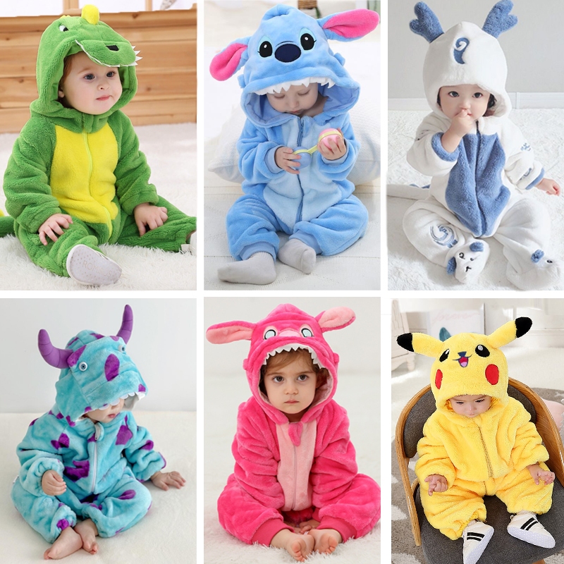 Kigurumi น่ารักสีเขียวไดโนเสาร์เด็ก Romper Pikachu Sullivan Blue stitch One Piece การ์ตูนสัตว์เครื่องแต่งกายชายฤดูหนาวเสื้อผ้า Flannel Soft Jumpsuit