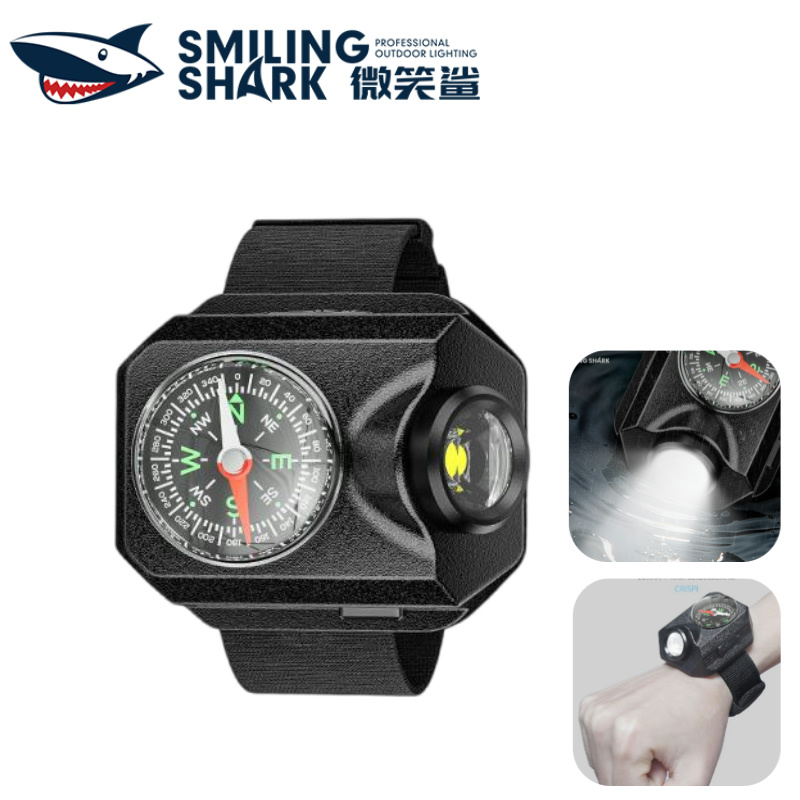 Smiling Shark QXD403 XPG ไฟฉายมัลติฟังก์ชั่นข้อมือจักรยาน 5 โหมด Type-c โคมไฟปีนเขาแบบชาร์จไฟได้ พร้อมเข็มทิศ ค่าปริมาณไฟฟ้าที่มองเห็นได้ แคมป์ปิ้ง เดินป่า