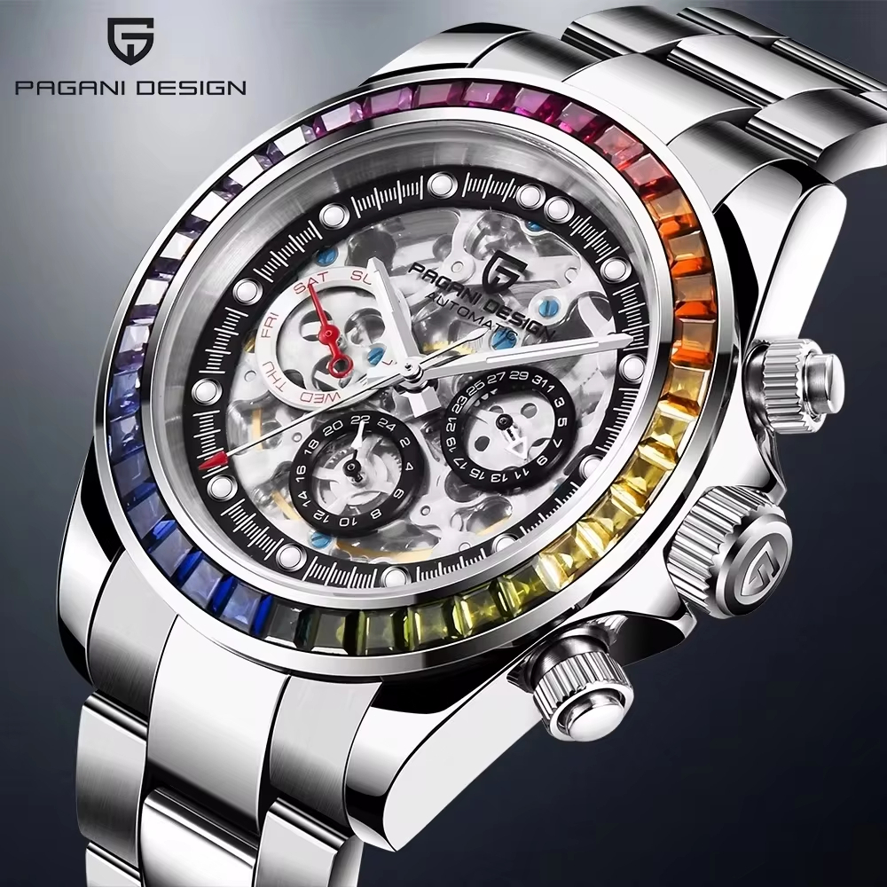 PAGANI DESIGN ต้นฉบับ 40 มม. Mens สแตนเลสอัตโนมัตินาฬิกาผู้ชายขอบหน้าปัดสีรุ้งกันน้ํานาฬิกานาฬิกาผู้ชาย PD-1653