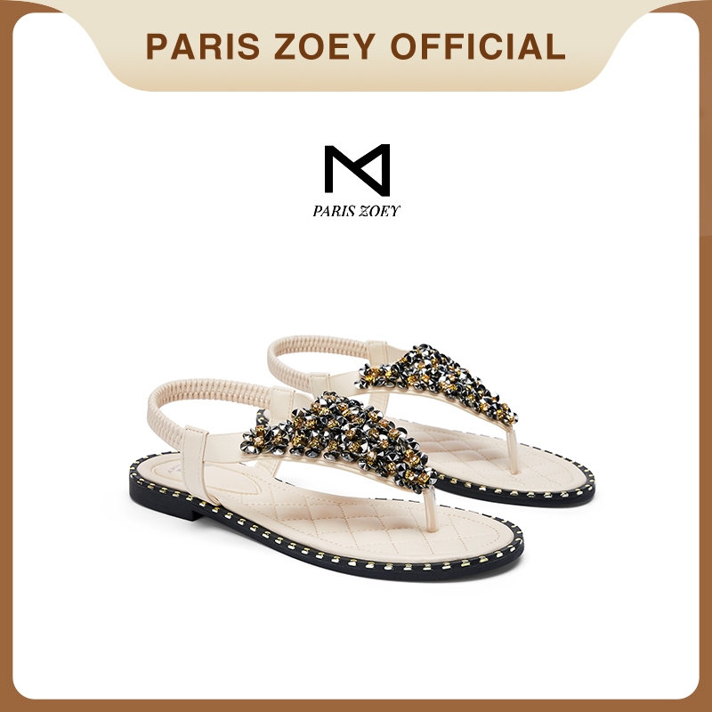 【ผลิตภัณฑ์ใหม่】Paris Zoey รองเท้าแตะผู้หญิงรองเท้าแตะแบนสบายรองเท้าแตะประดับเพชร