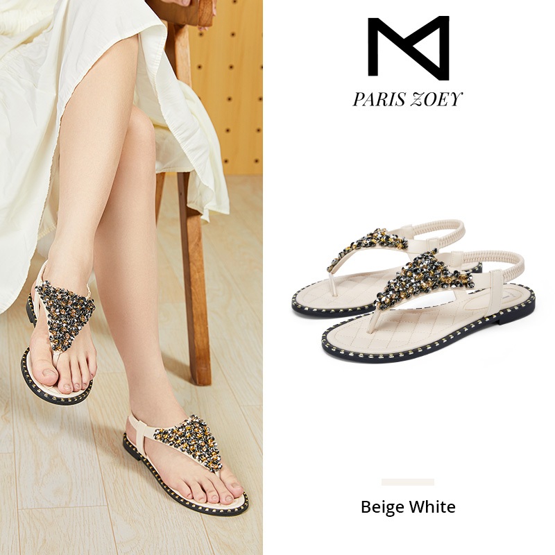 【ผลิตภัณฑ์ใหม่】Paris Zoey รองเท้าแตะผู้หญิงรองเท้าแตะแบนสบายรองเท้าแตะประดับเพชร
