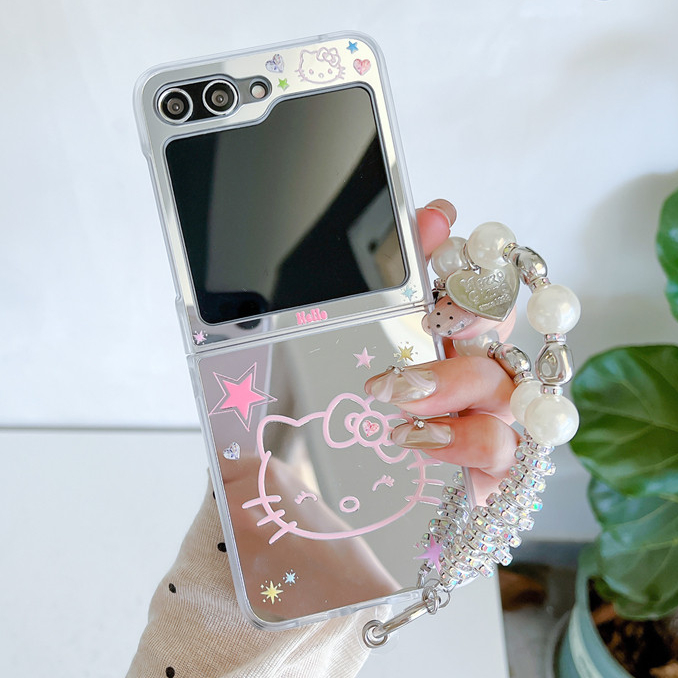 Fold Case Mirror KT Cat สําหรับ SAMSUNG Z Flip3 Flip4 Flip5 Flip6 Casing สําหรับสาวกันกระแทกเลนส์ป้องกันการ์ตูนกรณี BYS231