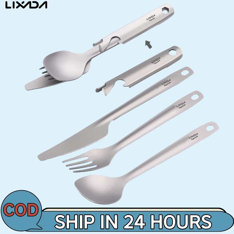 Lixada 4-in-1 ชุดช้อนส้อมส้อมไทเทเนียมน้ําหนักเบาสําหรับตั้งแคมป์ปิคนิค