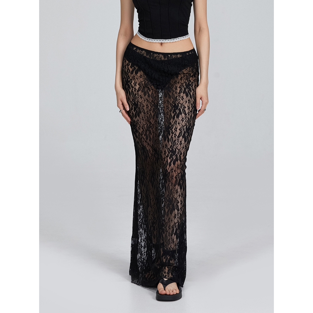Ironknight-women Sheer Lace Elastic Waistband Maxi กระโปรง