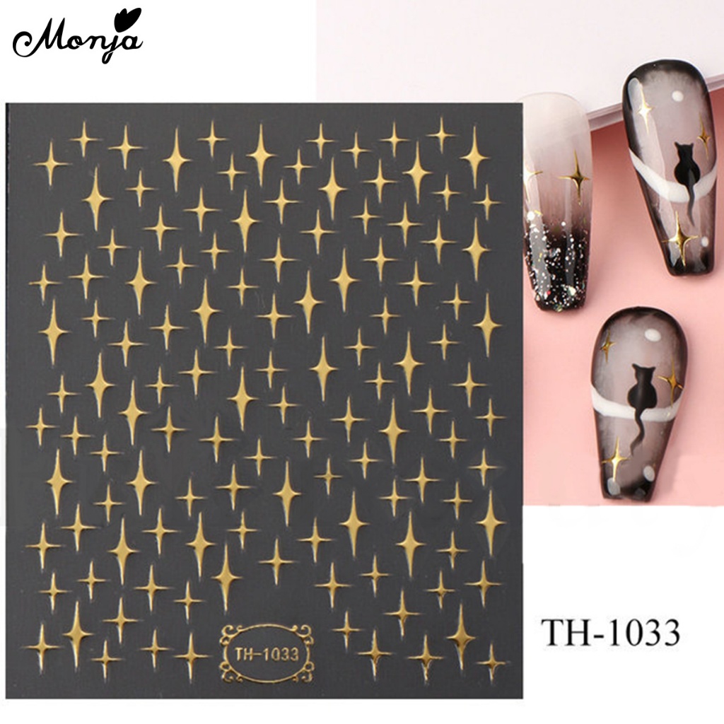 Nail Art โลหะ Gold Star Moon Stripes ดอกไม้เทปสติกเกอร์กาว 3D Transfer Decals ตกแต่งเล็บออกแบบ