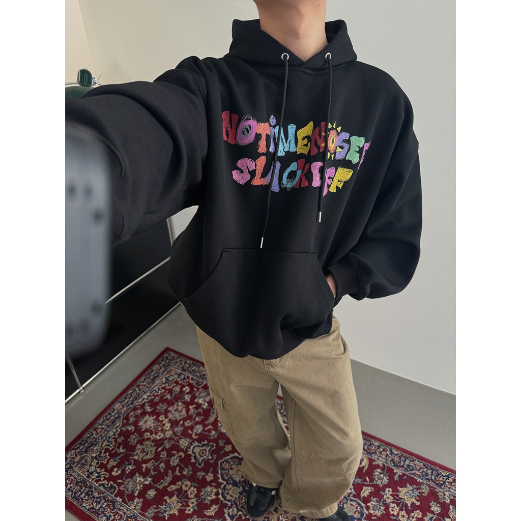 Beeyanbuy Loose Fit Hoodie เสื้อแขนยาวพิมพ์ลายตัวอักษรสีสันสดใสแฟชั่น #J000093