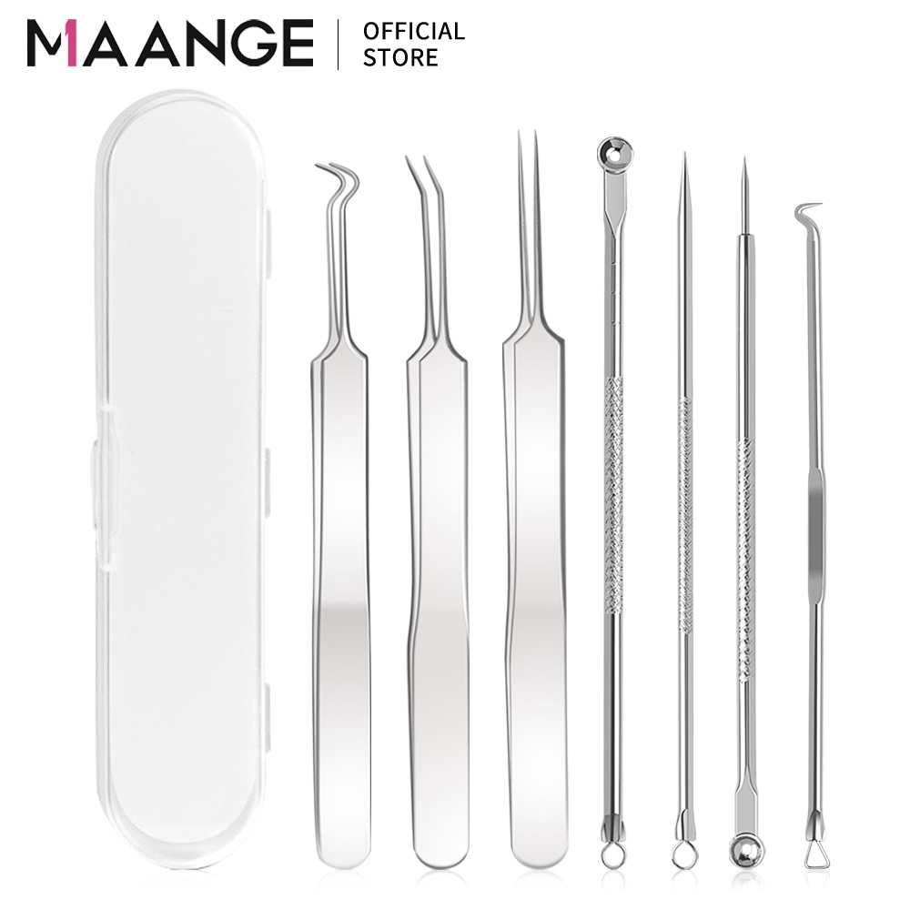 MAANGE อุปกรณ์กำจัดสิว 7ชิ้น เซ็ทกด/บีบ/เจาะสิว ที่กดสิว แหนบดึงสิว อุปกรณ์กำจัดสิวสแตนเลส ชุดเครื่องมือแหนบกําจัดสิวเสี้ยน