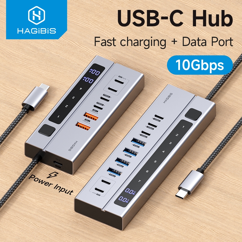 Hagibis USB C HUB Type-C Docking Station สวิตช์เปิด/ปิดส่วนบุคคลพร้อมจอแสดงผล LED 10Gbps USB C Split
