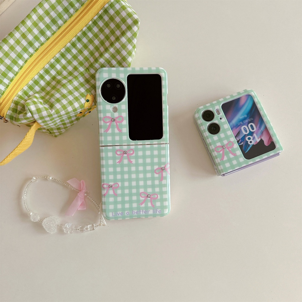 เกาหลีสด Simpel Mint ตาข่ายสีเขียวแบบเต็มหน้าจอโบว์เคสโทรศัพท์พร้อม Love Heart สร้อยข้อมือสําหรับ OPPO ค้นหา N2 Flip ค้นหา N3 พลิกกันกระแทกปกหลัง