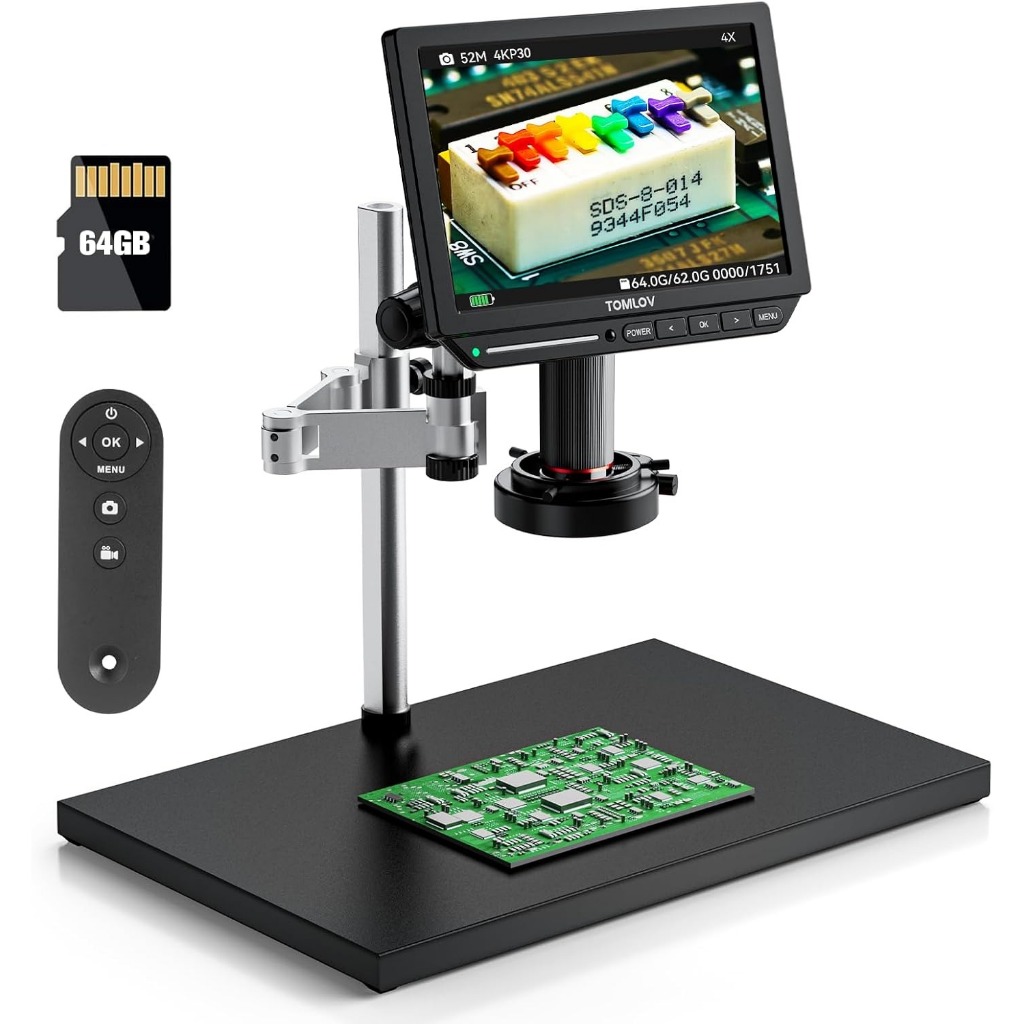 Tomlov TM4K Max HDMI Electronics กล้องจุลทรรศน์ดิจิตอล 4K 10.1 "2000x, 52MP Spin Arm Soldering Repair กล้องจุลทรรศน์พร้อมไฟแหวน, ฐานขนาดใหญ่ LCD กล้องจุลทรรศน์เหรียญ Full View