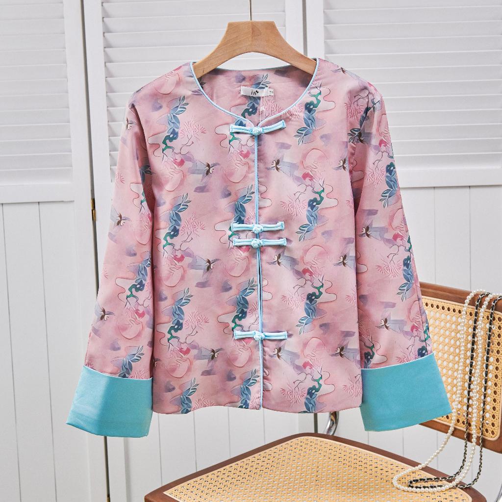 เสื้อแจ็กเก็ตแขนยาว พิมพ์ลาย สีชมพู สไตล์จีน ระดับไฮเอนด์ สําหรับผู้หญิง