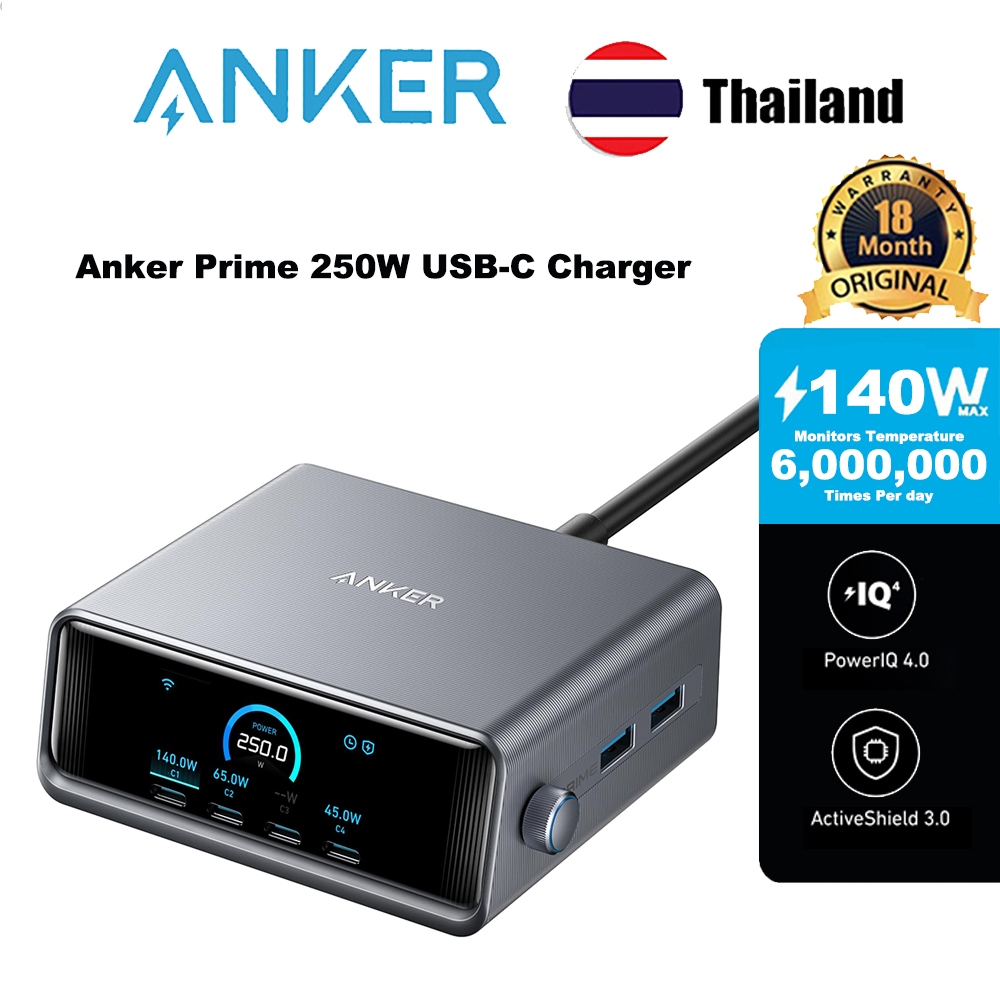 Anker Prime 250W, สถานีชาร์จ GaN 6 พอร์ตที่รวดเร็วเป็นพิเศษ, จอแสดงผล LCD 2.26" และหน้าปัดควบคุมอัจ