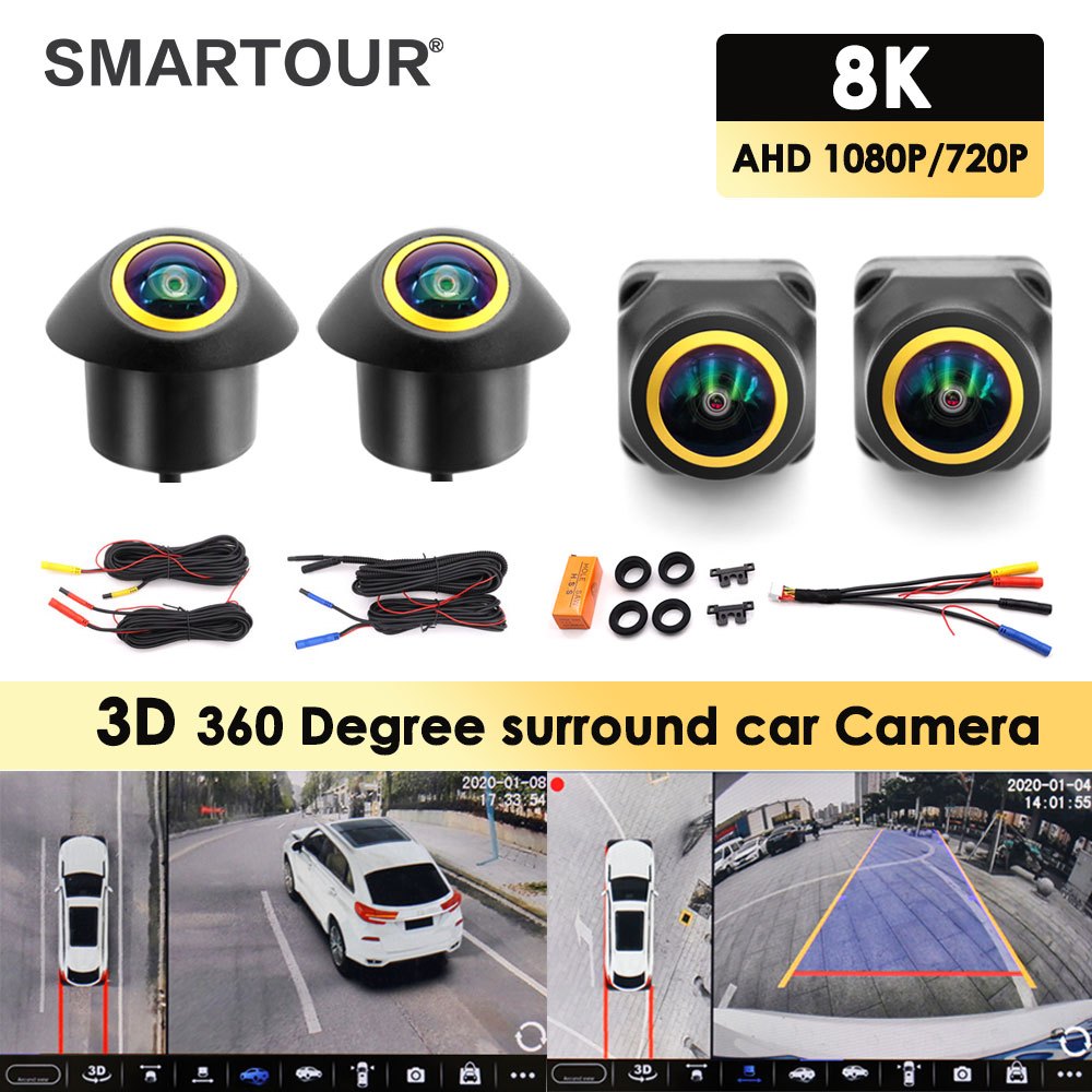 Hd 360 องศากล้องติดรถยนต์ 1080P 8K 3D AHD รอบทิศทางขวา + ซ้าย + ด้านหน้า + ด้านหลังดูย้อนกลับกล้องสําหรับ Android Navigation Reverse