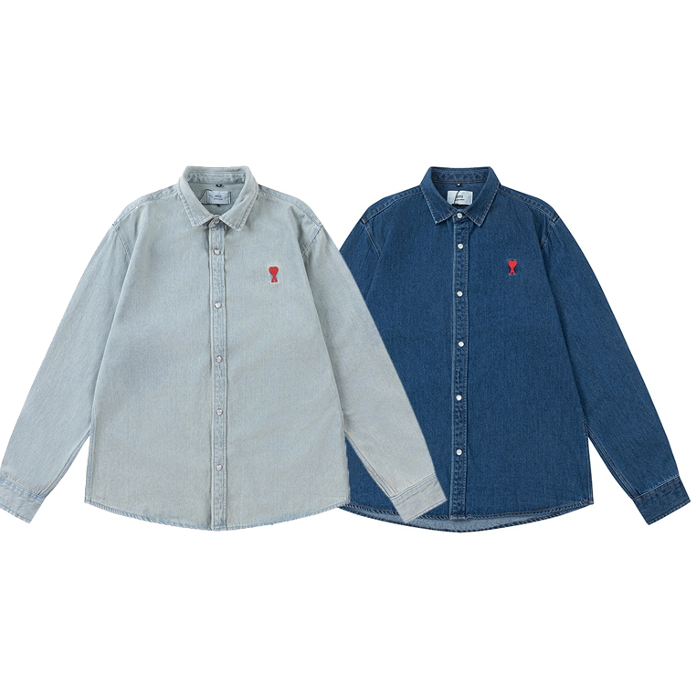 เสื้อยืดแขนยาวลําลอง ผ้ายีน ปักลายหัวใจ คุณภาพสูง สไตล์คลาสสิก สําหรับผู้ชาย และผู้หญิง