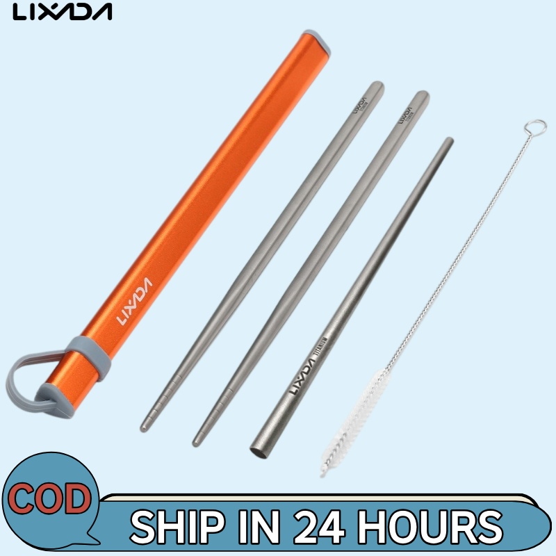 Lixada ชุดช้อนส้อมตะเกียบไทเทเนียมทําความสะอาดหลอดดื่มพร้อมกล่องอลูมิเนียม