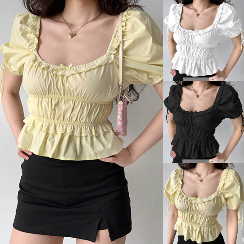 ฝรั่งเศสย้อนยุคสแควร์คอพัฟแขนลูกไม้ขึ้นเสื้อผู้หญิงธรรมดาเอวสูงแขนสั้นเสื้อด้านบน