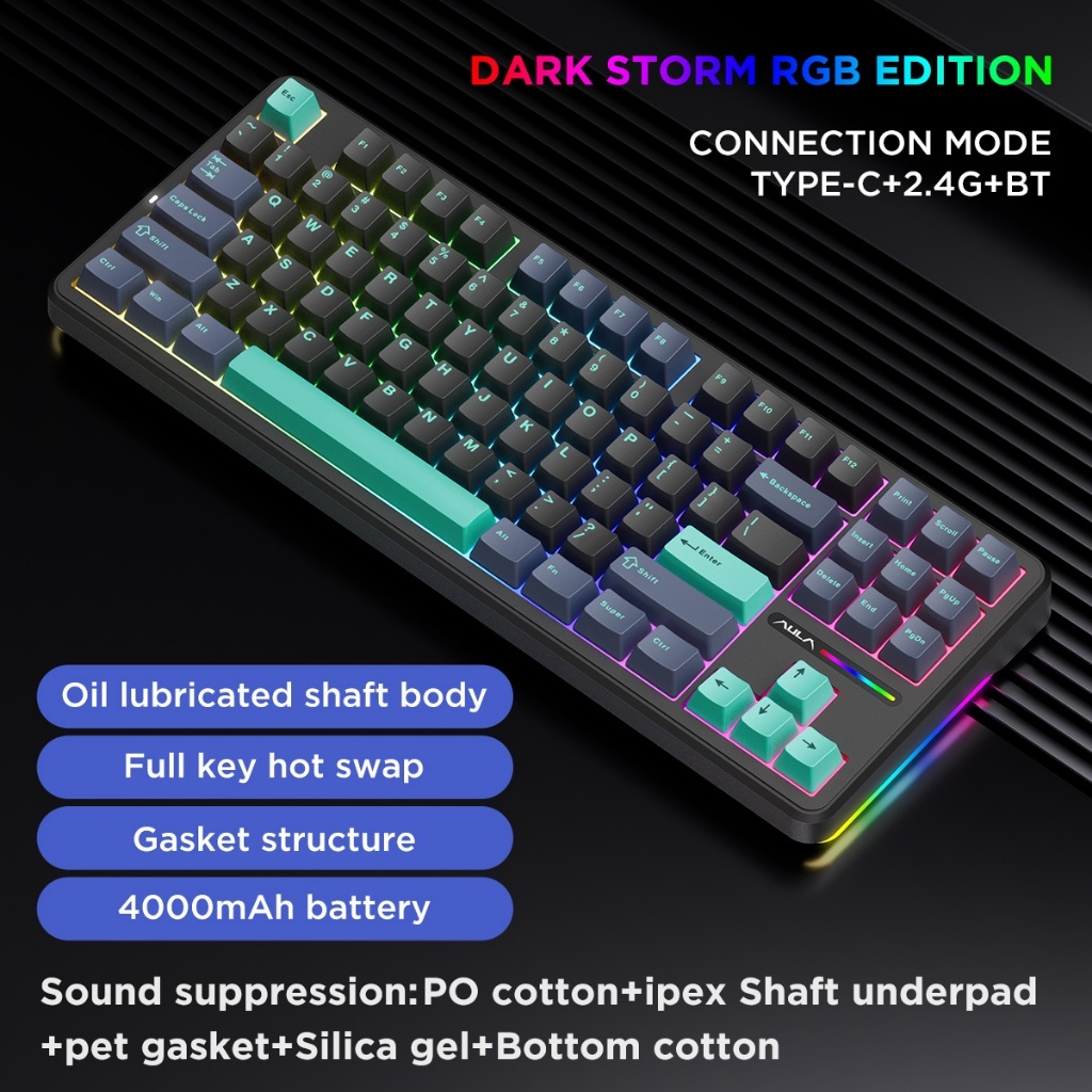 Aula F87 Pro Mechanical Keyboard คีย์บอร์ดเล่นเกมไร้สาย 3 โหมด 2.4G USB บลูทูธ 87 คีย์ RGB PBT