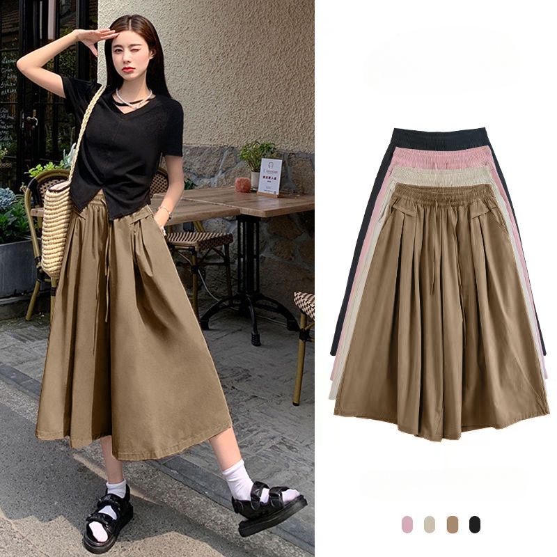 Oversize Skorts(50-150kg) สไตล์เกาหลี Elastic High เอว Plain Plus Size 3/4 ความยาวกางเกงขากว้าง