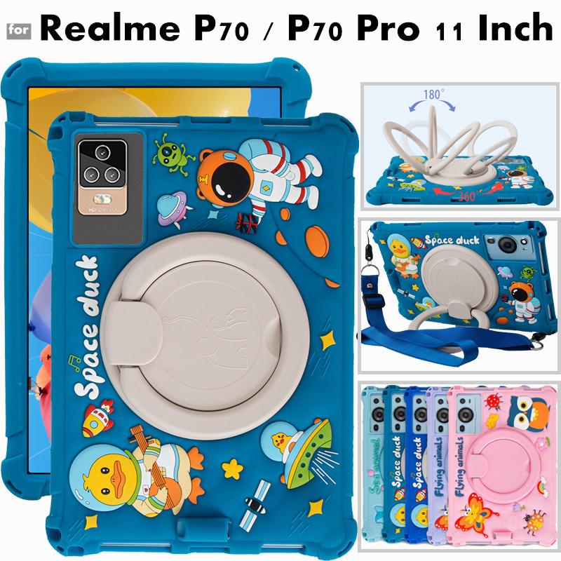 Realme Pad Tablet P70 Pro 12 Inch 360 Degree Rotating Cute Cartoon Shockproof Soft Silicone Protective Sleeve Stand Cover