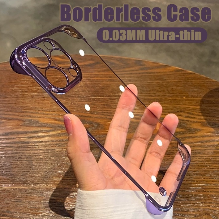 เคสโทรศัพท์ไร้กรอบบางสําหรับ IPhone 15 14 Plus 13 12 11Pro Max ขอบชุบด้วยไฟฟ้าพลาสติกฝาหลังโปร่งใสเพื่อปกป้องเลนส์