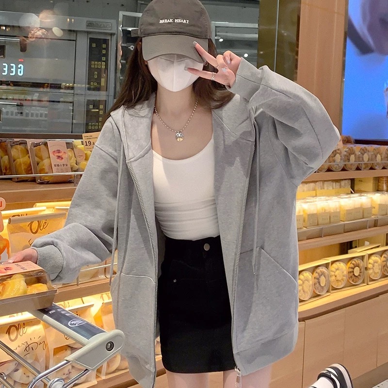 Du Yan เสื้อสเวตเตอร์มีฮู้ดแขนยาวสีเทาผู้หญิงเสื้อแจ็คเก็ตสเวตเตอร์สไตล์ฮ่องกงหลวมใหม่