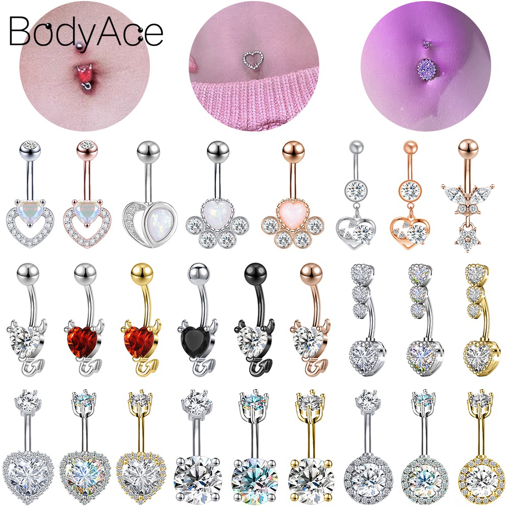 Bodyace จิวสะดือ สเตนเลส รูปงู ประดับคริสตัล สีแดง สไตล์พังก์ สีเงิน สีดํา โกธิค ป้องกันอาการแพ้ 1 ชิ้น