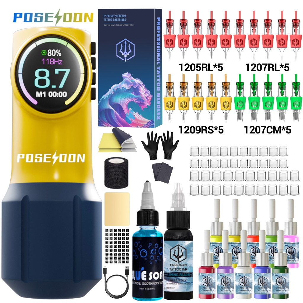 Poseidon Tattoo Pen Kit- เครื่องสักพร้อมตลับเข็มสัก 20 ชิ้น, ปากกาสักไร้สายพร้อมแหล่งจ่ายไฟความจุ 1600mAh และจอแสดงผล LED ดิจิตอลสําหรับศิลปิน