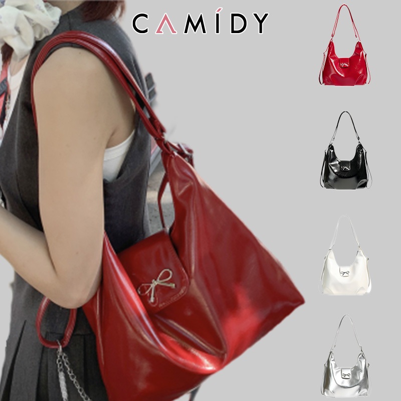 Camidy กระเป๋าสะพายไหล่สาวสวยโบว์ใหม่หนัง PU กระเป๋าสะพายข้างความจุขนาดใหญ่ลำลอง