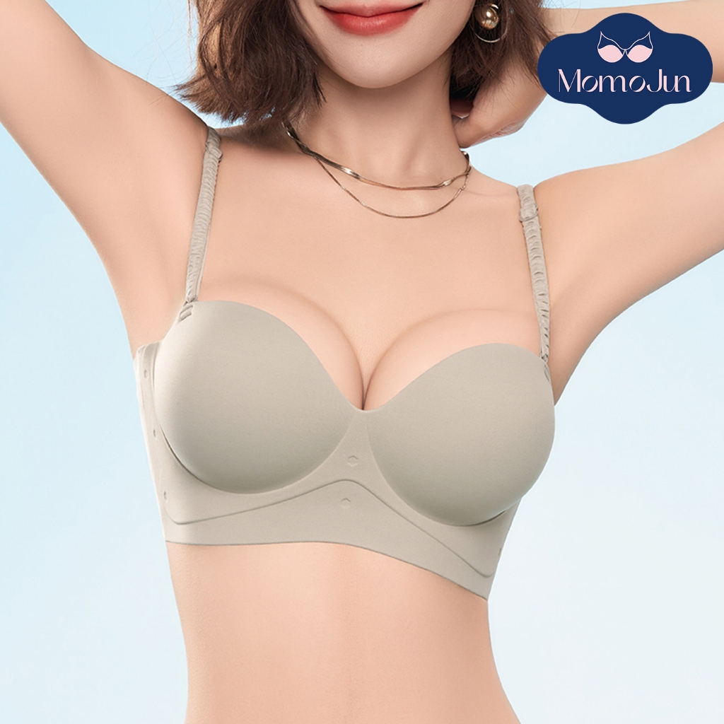 Momo 5 ซม.ถ้วยหนา ระบายอากาศได้ไม่มีรอยต่อกดขึ้นบรา เสื้อในไม่มีสายป้องกันการลื่นไถลสบาย ไม่มีกรอบ ชุดชั้นในเซ็กซี่