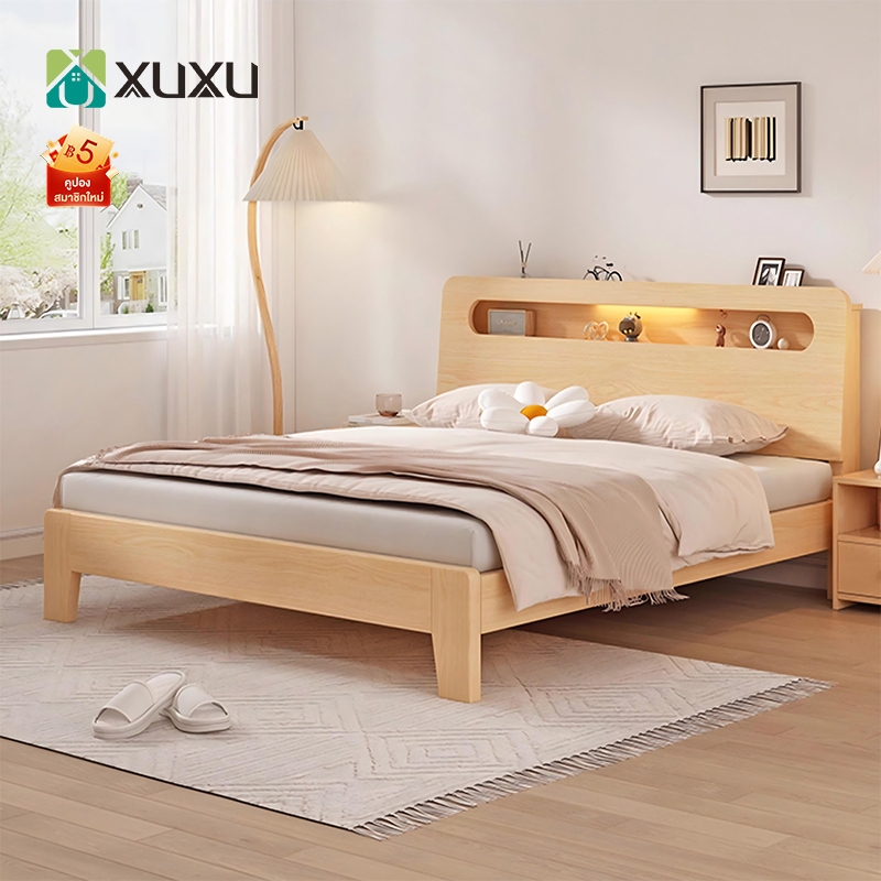 XUXU เตียง เตียงไม้แท้ 3.5/4/5/6 สองสี เตียงไม้จริง สามารถใส่ได้ LED ที่เก็บของข้างเตียง ไม้คุณภาพสูง