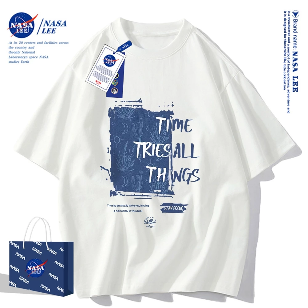 เสื้อยืดแขนสั้นผ้าฝ้ายคอตตอนลาย NASA รุ่นใหม่สำหรับฤดูร้อน 2024 แบบหลวมและระบายอากาศได้ดี