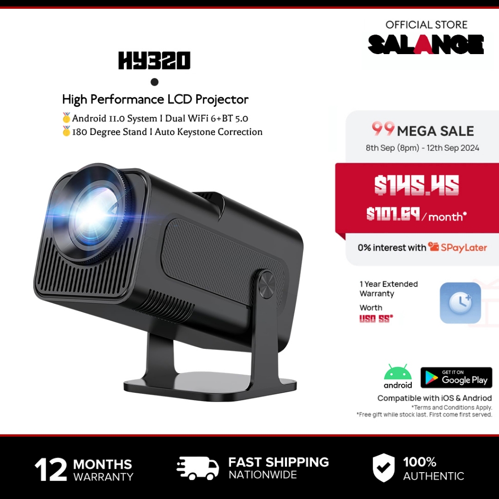 Salange HY320 Native 1080P Full HD โปรเจคเตอร์, 180 หมุน 300Ansi LED Android 11 5G WiFi 6 BT5.0 Auto