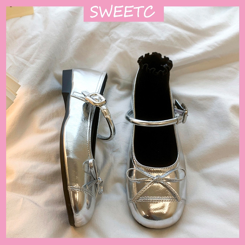 รองเท้าแมรี่เจนสำหรับผู้หญิง รองเท้าบัลเลต์หัวมนแบบมีโบว์ พื้นนุ่ม แฟชั่น