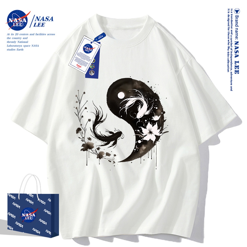 เสื้อยืดแขนสั้นผ้าฝ้ายคอตตอนลาย NASA รุ่นใหม่สำหรับฤดูร้อน 2024 แบบหลวมและระบายอากาศได้ดี